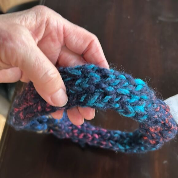 Wool multicolor hand knit chunky headband stretch navy turquoise pink orange L - Picture 9 of 9